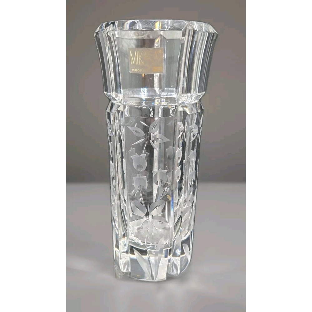 Mikasa Crystal Bud Vase Etched Floral Tulip Yugoslavia Vintage Glass